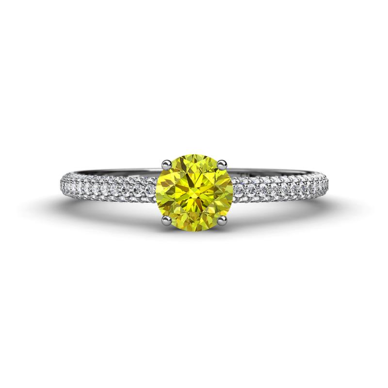 Serina Classic Round Yellow and White Diamond 3 Row Micro Pave Shank Engagement Ring 