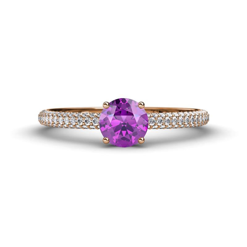 Serina Classic Round Amethyst and Diamond 3 Row Micro Pave Shank Engagement Ring 