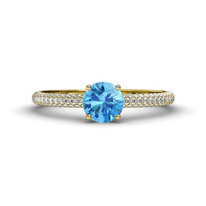 Serina Classic Round Blue Topaz and Diamond 3 Row Micro Pave Shank Engagement Ring 