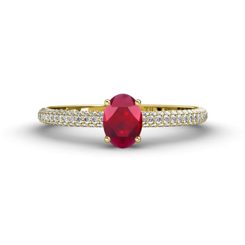 Serina Classic Oval Cut Ruby and Round Diamond 3 Row Shank Engagement Ring 