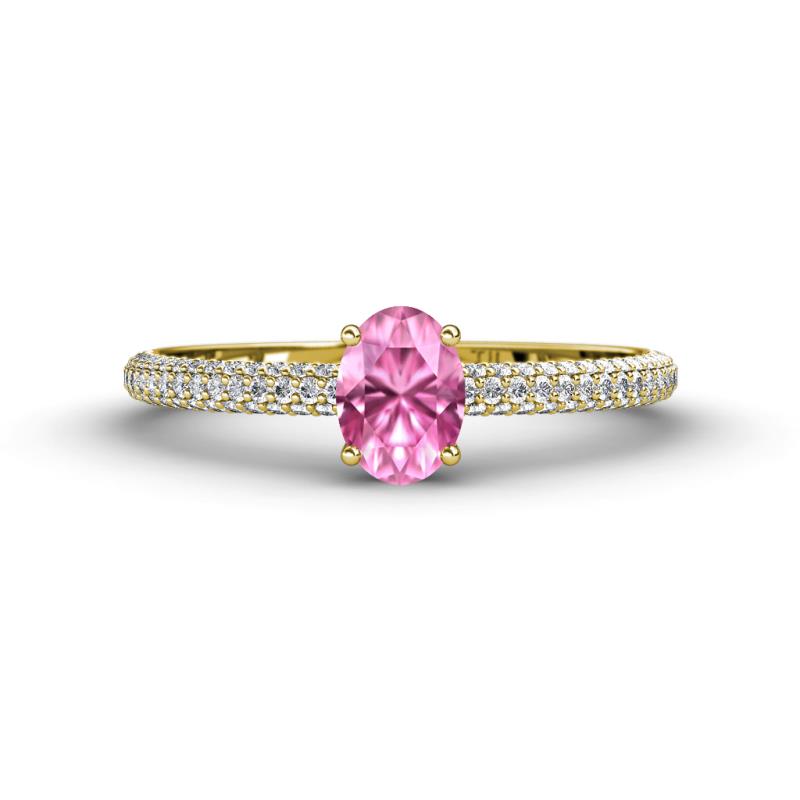 Serina Classic Oval Cut Pink Sapphire and Round Diamond 3 Row Shank Engagement Ring 