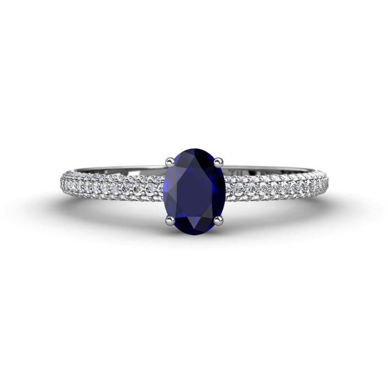 Serina Classic Oval Cut Blue Sapphire and Round Diamond 3 Row Shank Engagement Ring 