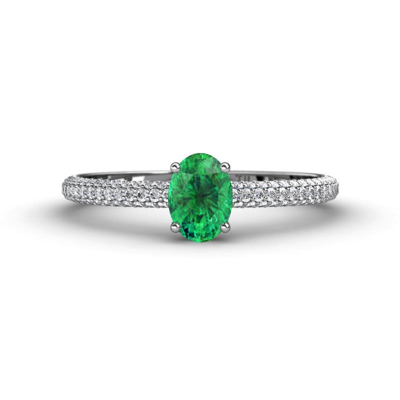 Serina Classic Oval Cut Emerald and Round Diamond 3 Row Shank Engagement Ring 