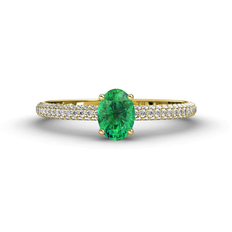 Serina Classic Oval Cut Emerald and Round Diamond 3 Row Shank Engagement Ring 