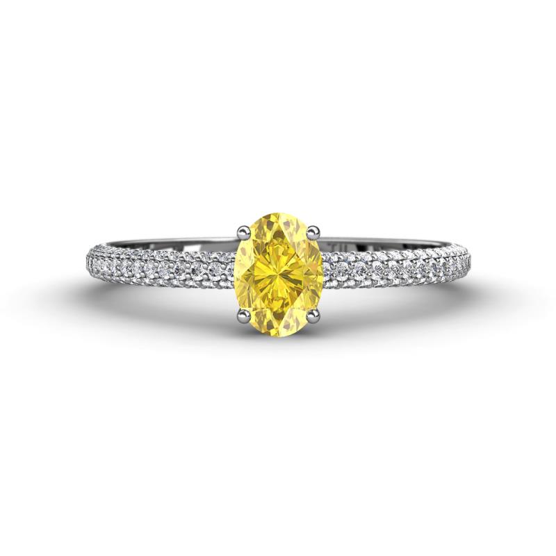 Serina Classic Oval Cut Yellow Sapphire and Round Diamond 3 Row Shank Engagement Ring 