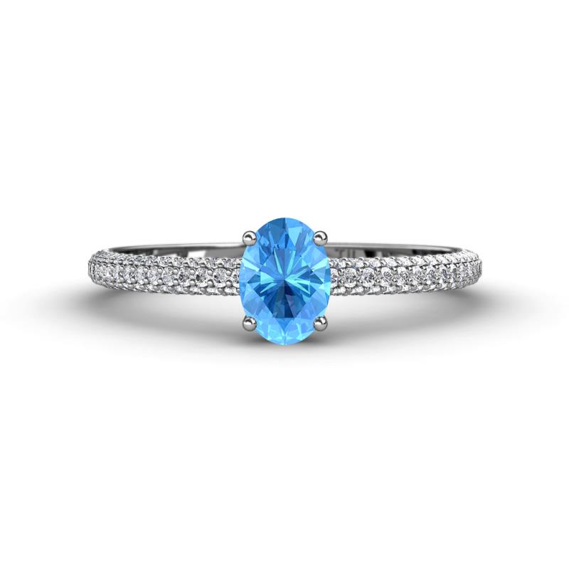 Serina Classic Oval Cut Blue Topaz and Round Diamond 3 Row Shank Engagement Ring 