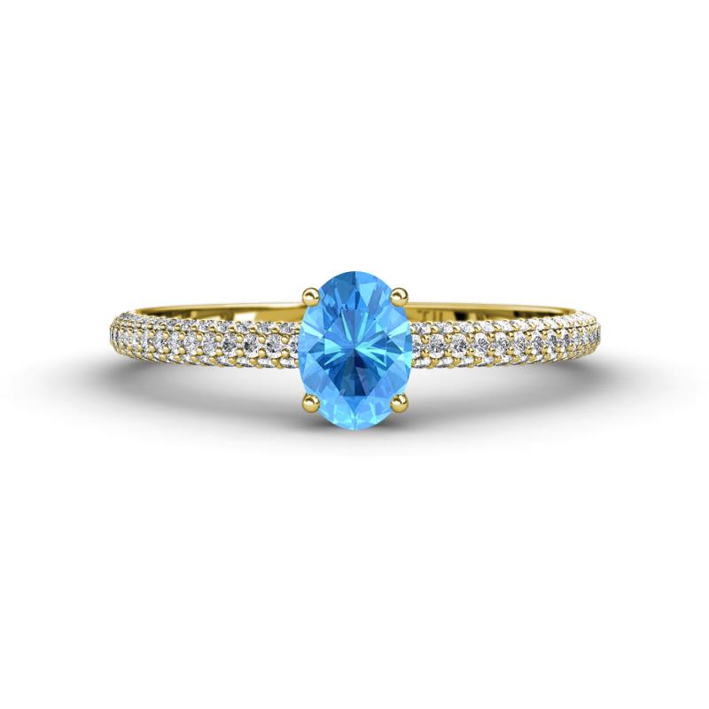 Serina Classic Oval Cut Blue Topaz and Round Diamond 3 Row Shank Engagement Ring 