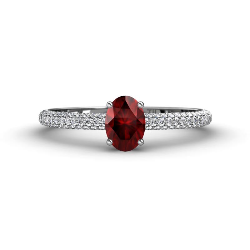 Serina Classic Oval Cut Red Garnet and Round Diamond 3 Row Shank Engagement Ring 