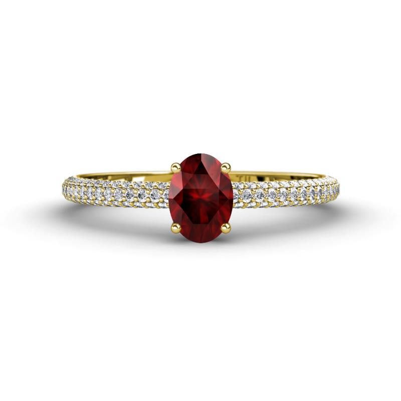 Serina Classic Oval Cut Red Garnet and Round Diamond 3 Row Shank Engagement Ring 