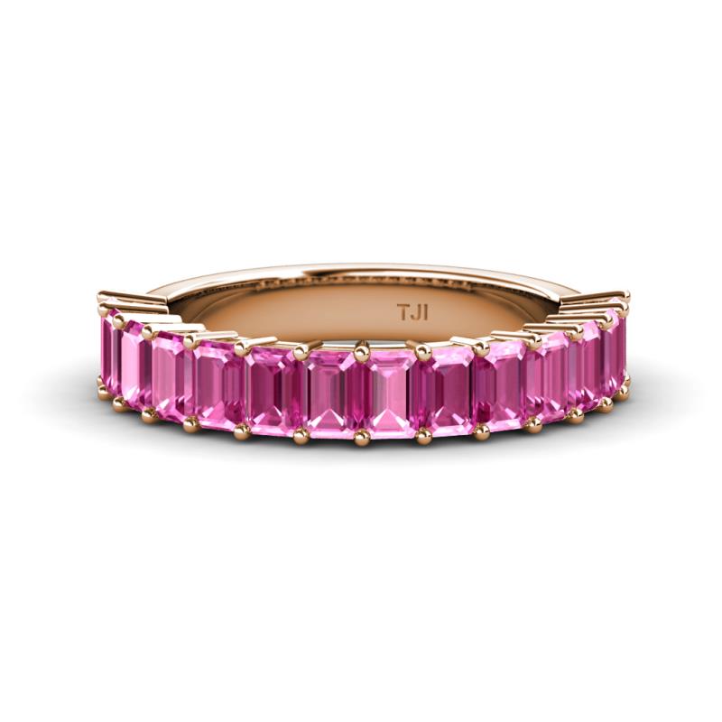 Alaya Emerald Cut Pink Sapphire 14 Stone Wedding Band 