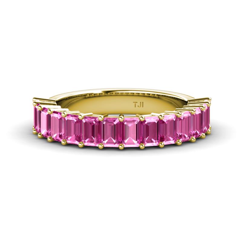 Alaya Emerald Cut Pink Sapphire 14 Stone Wedding Band 