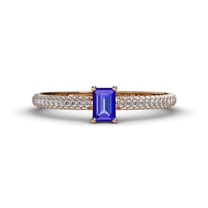 Serina Classic Emerald Cut Tanzanite and Round Diamond 3 Row Shank Engagement Ring 