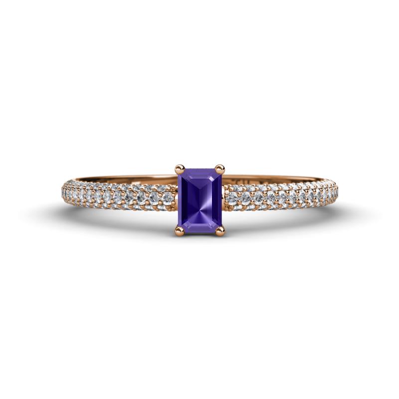 Serina Classic Emerald Cut Iolite and Round Diamond 3 Row Shank Engagement Ring 