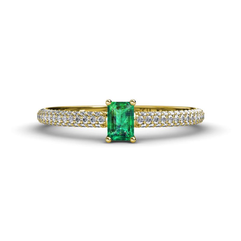 Serina Classic Emerald Cut Emerald and Round Diamond 3 Row Shank Engagement Ring 