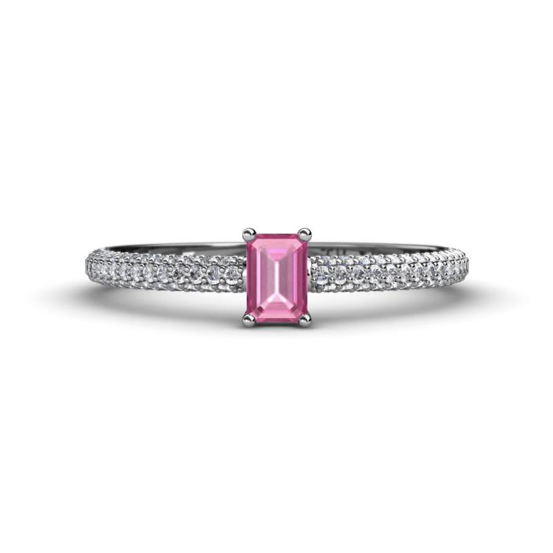 Serina Classic Emerald Cut Pink Sapphire and Round Diamond 3 Row Shank Engagement Ring 