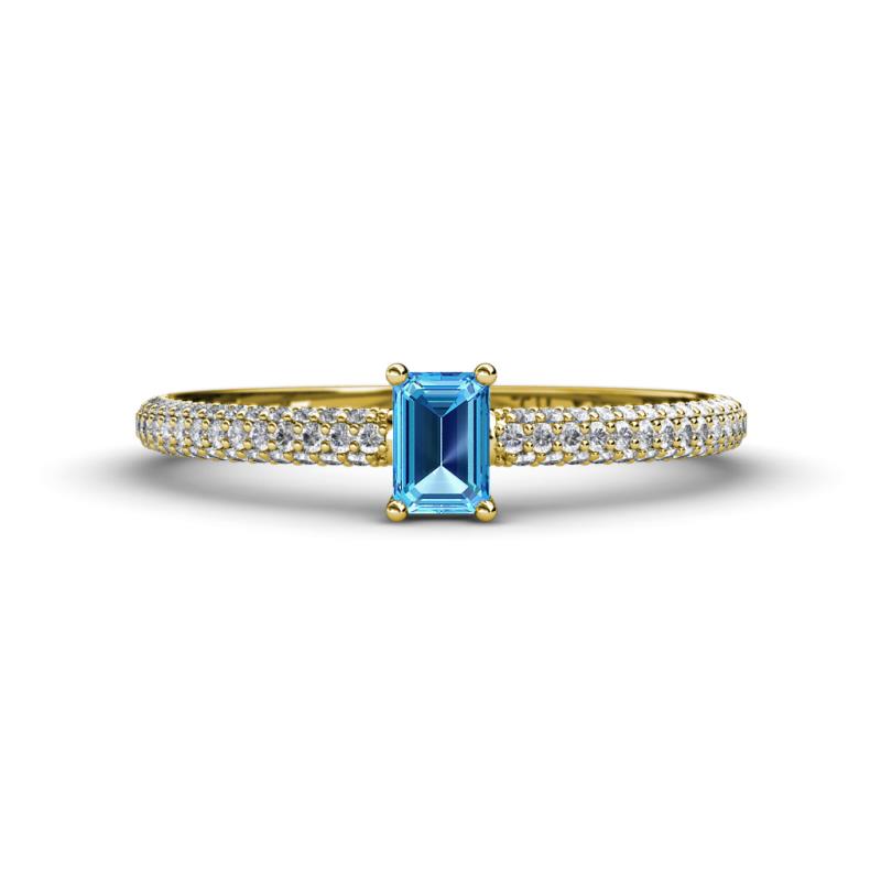 Serina Classic Emerald Cut Blue Topaz and Round Diamond 3 Row Shank Engagement Ring 
