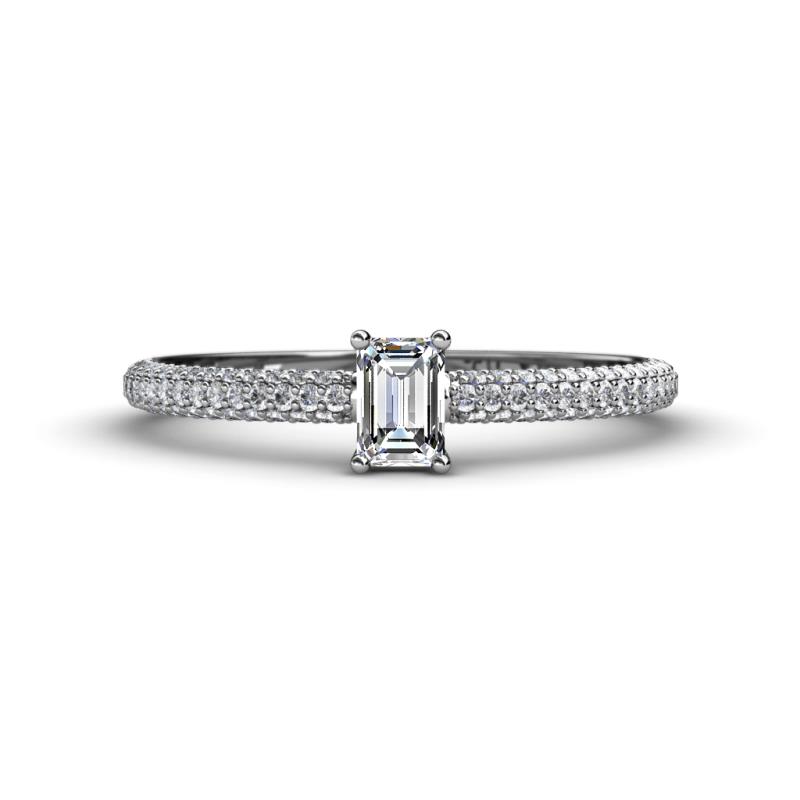 Serina Classic Emerald Cut and Round Diamond 3 Row Shank Engagement Ring 