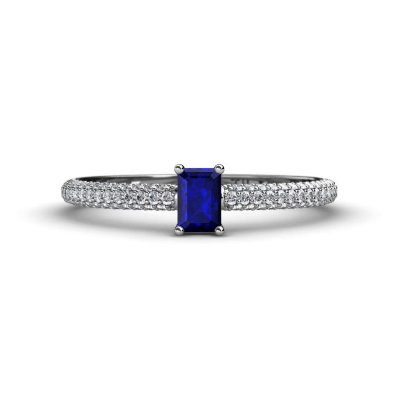 Serina Classic Emerald Cut Blue Sapphire and Round Diamond 3 Row Shank Engagement Ring 