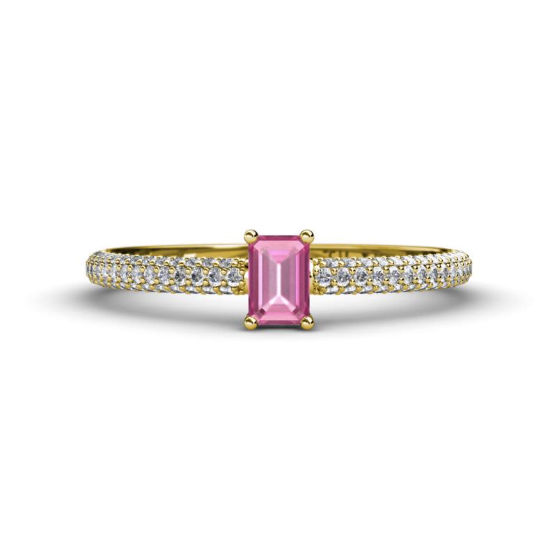 Serina Classic Emerald Cut Pink Sapphire and Round Diamond 3 Row Shank Engagement Ring 