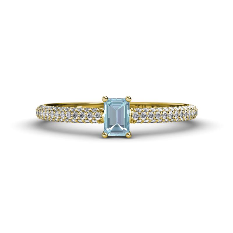 Serina Classic Emerald Cut Aquamarine and Round Diamond 3 Row Shank Engagement Ring 
