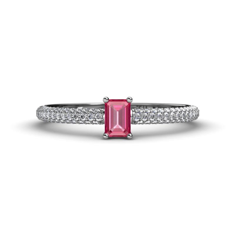 Serina Classic Emerald Cut Pink Tourmaline and Round Diamond 3 Row Shank Engagement Ring 