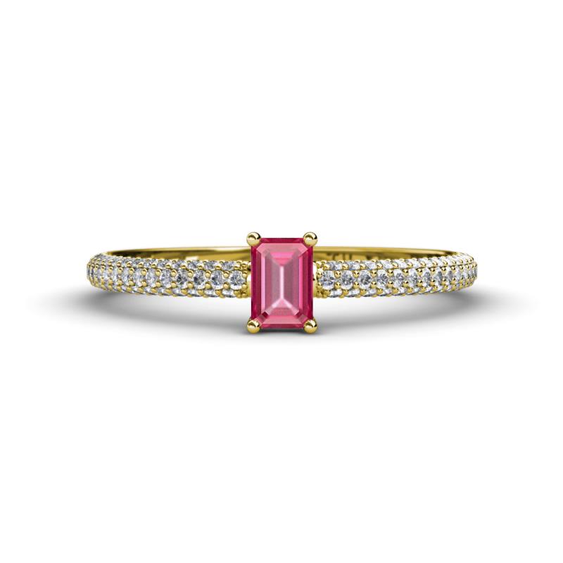 Serina Classic Emerald Cut Pink Tourmaline and Round Diamond 3 Row Shank Engagement Ring 