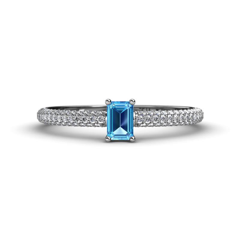 Serina Classic Emerald Cut Blue Topaz and Round Diamond 3 Row Shank Engagement Ring 