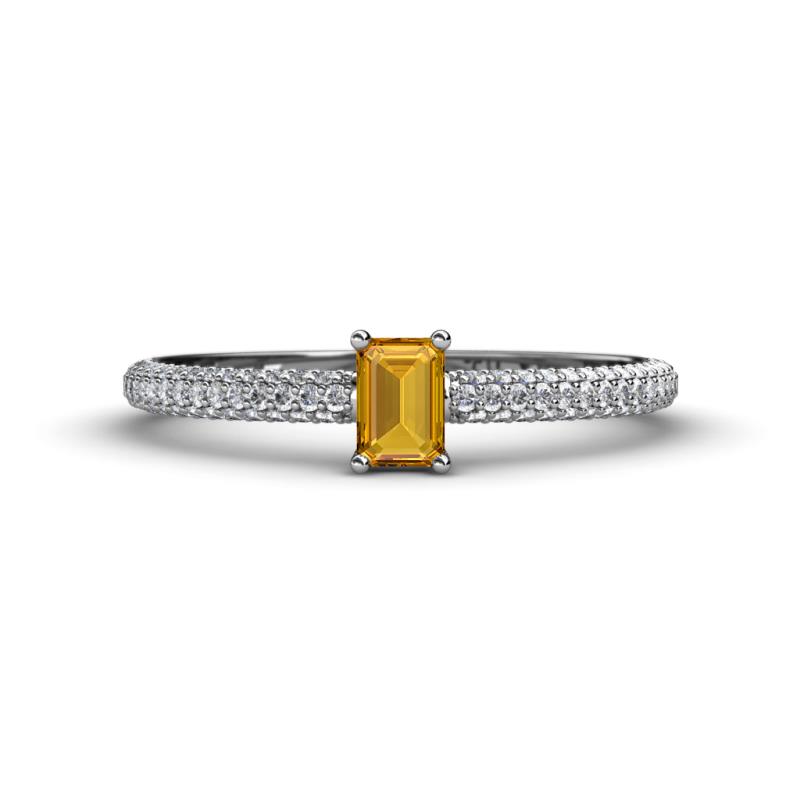 Serina Classic Emerald Cut Citrine and Round Diamond 3 Row Shank Engagement Ring 