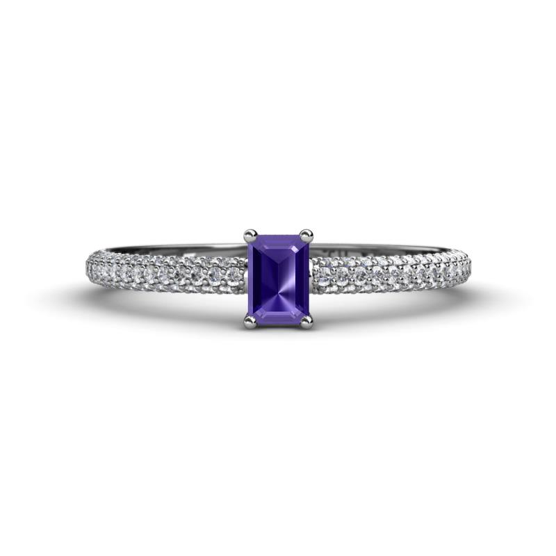 Serina Classic Emerald Cut Iolite and Round Diamond 3 Row Shank Engagement Ring 