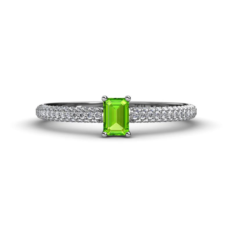 Serina Classic Emerald Cut Peridot and Round Diamond 3 Row Shank Engagement Ring 