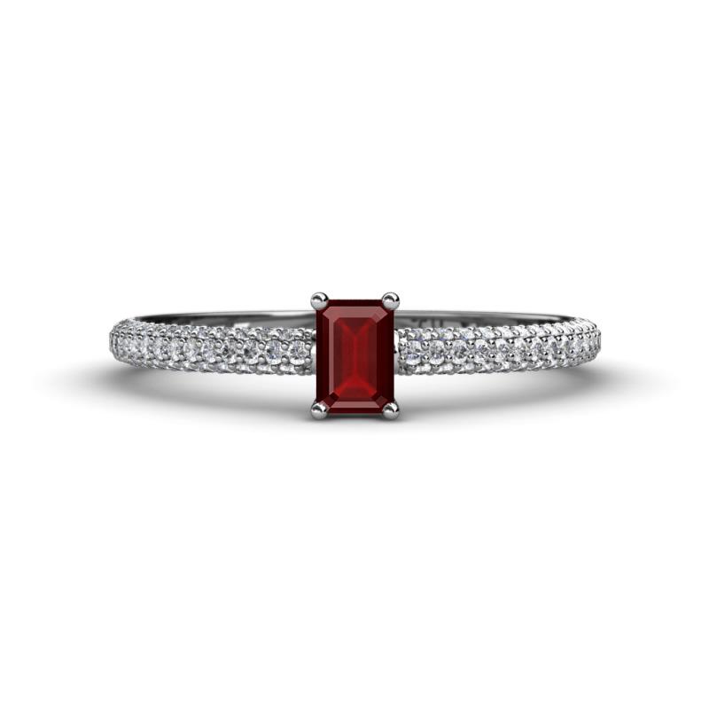 Serina Classic Emerald Cut Red Garnet and Round Diamond 3 Row Shank Engagement Ring 