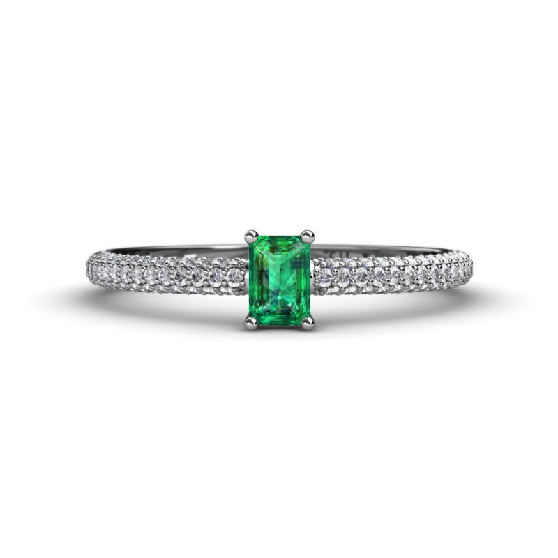 Serina Classic Emerald Cut Emerald and Round Diamond 3 Row Shank Engagement Ring 