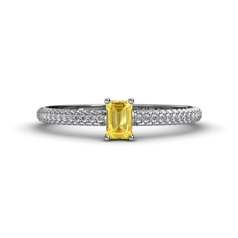 Serina Classic Emerald Cut Yellow Sapphire and Round Diamond 3 Row Shank Engagement Ring 