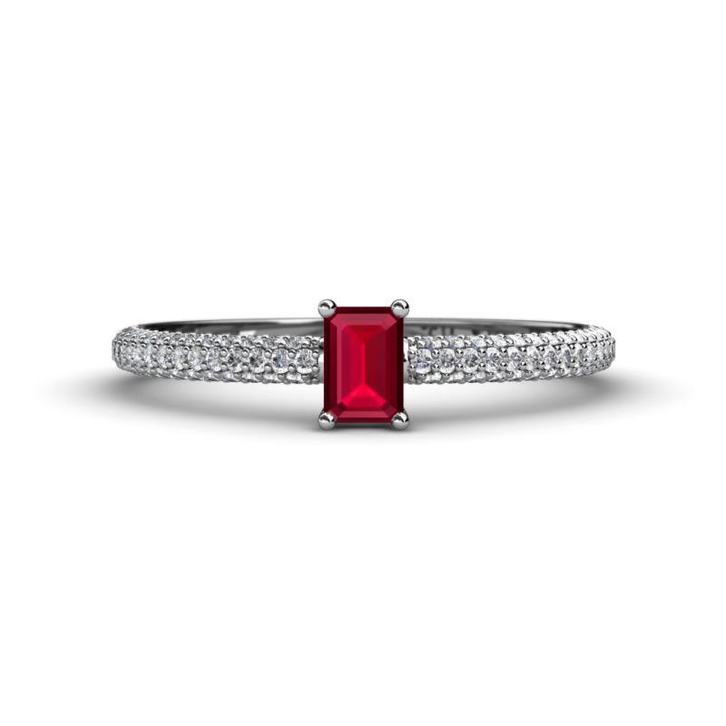 Serina Classic Emerald Cut Ruby and Round Diamond 3 Row Shank Engagement Ring 