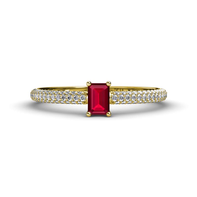 Serina Classic Emerald Cut Ruby and Round Diamond 3 Row Shank Engagement Ring 