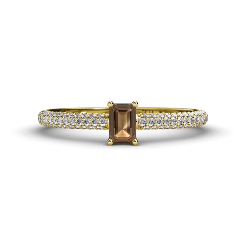 Serina Classic Emerald Cut Smoky Quartz and Round Diamond 3 Row Shank Engagement Ring 