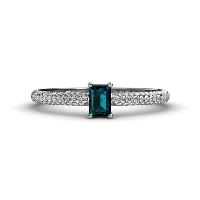 Serina Classic Emerald Cut London Blue Topaz and Round Diamond 3 Row Shank Engagement Ring 
