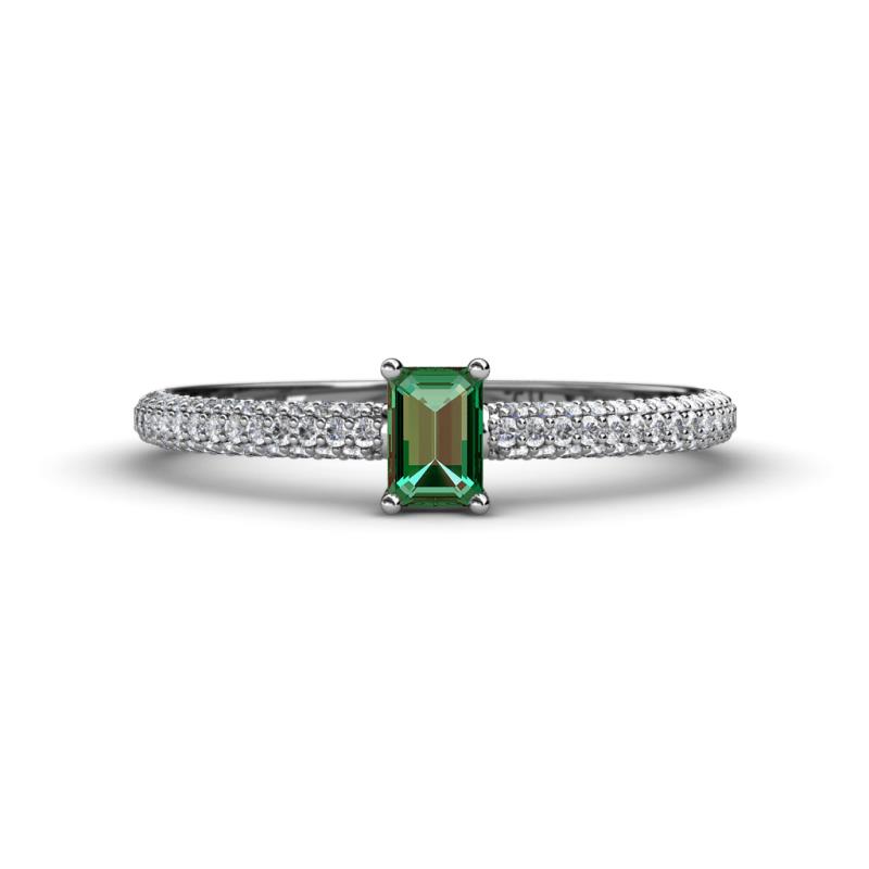 Serina Classic Emerald Cut Lab Created Alexandrite and Round Diamond 3 Row Shank Engagement Ring 