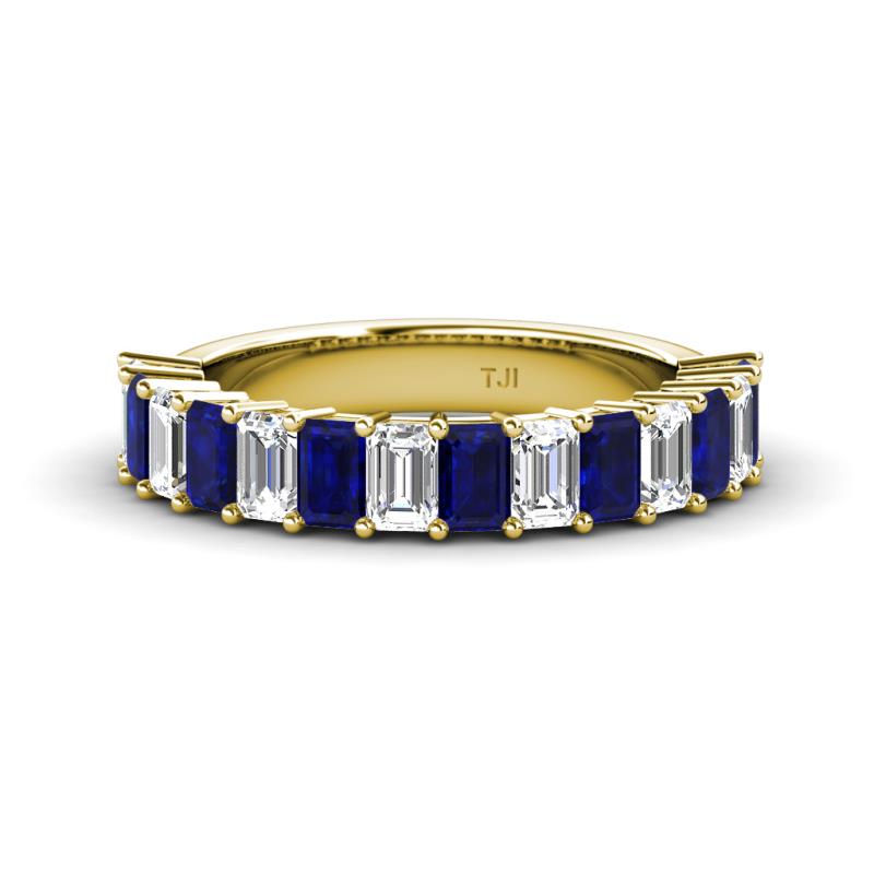 Alaya Emerald Cut Blue Sapphire and Diamond 14 Stone Wedding Band 