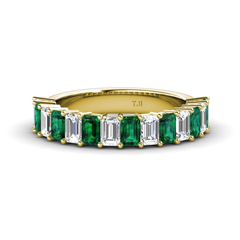 Alaya Emerald Cut Emerald and Diamond 14 Stone Wedding Band 