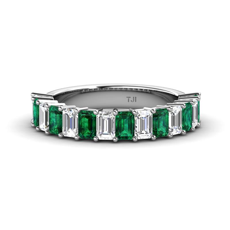 Alaya Emerald Cut Emerald and Diamond 14 Stone Wedding Band 