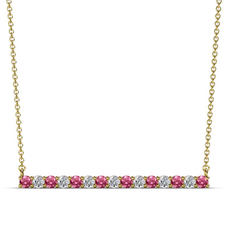 Noya 2.50 mm Round Pink Tourmaline and Lab Grown Diamond Horizontal Bar Pendant Necklace 