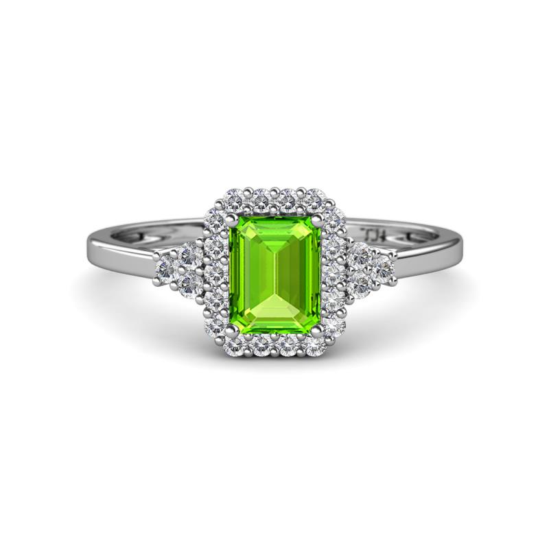 Josie Rainbow Emerald Cut Peridot and Round Diamond Halo Engagement Ring 