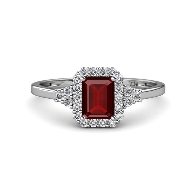 Josie Rainbow Emerald Cut Red Garnet and Round Diamond Halo Engagement Ring 