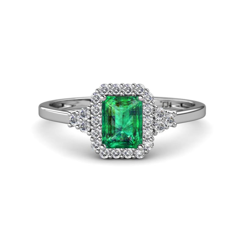 Josie Rainbow Emerald Cut Lab Created Emerald and Round Diamond Halo Engagement Ring 