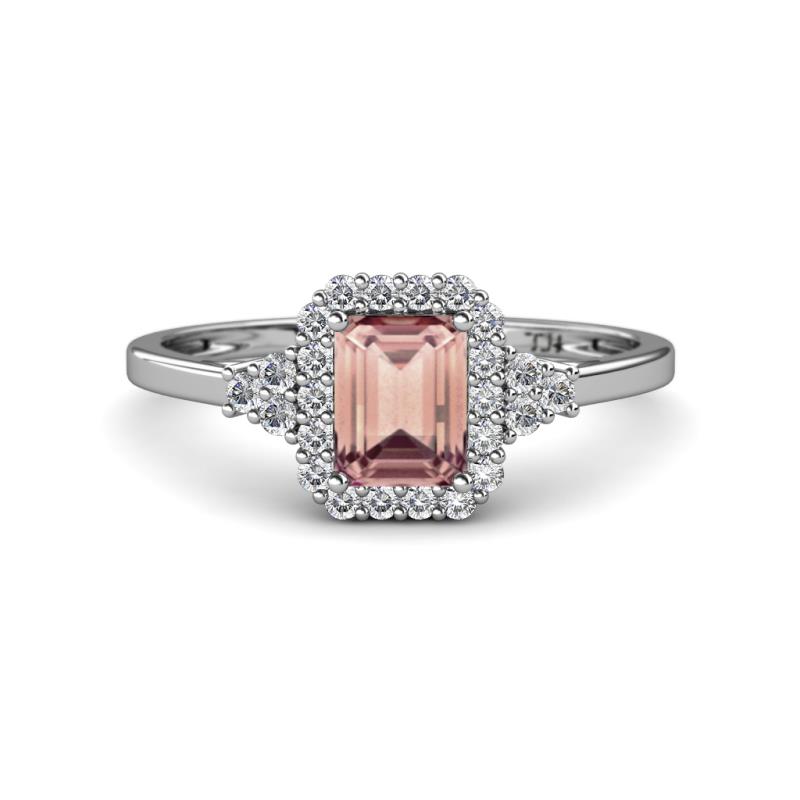 Josie Rainbow Emerald Cut Morganite and Round Diamond Halo Engagement Ring 