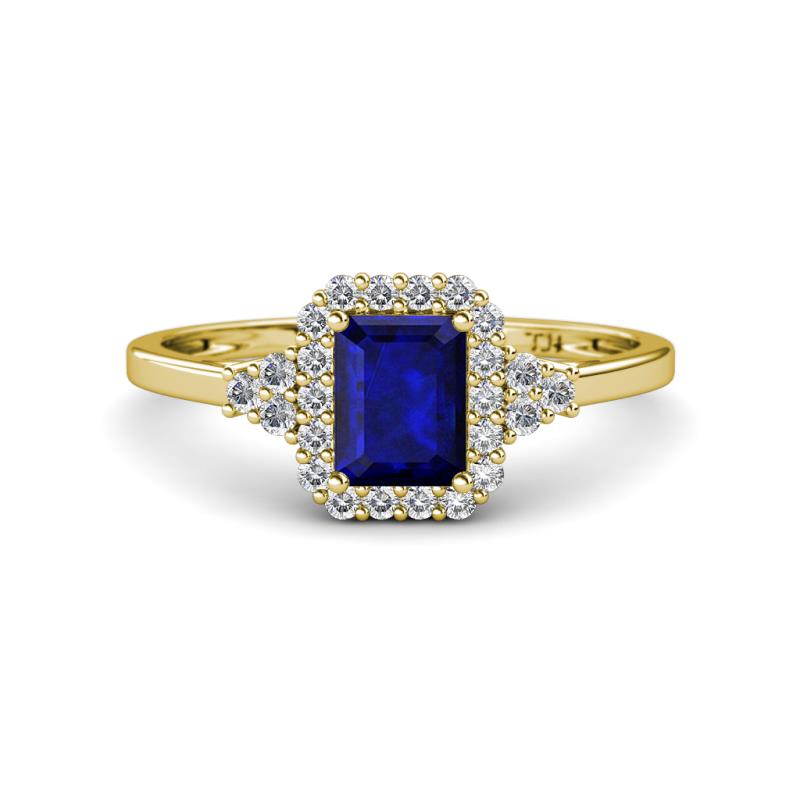 Josie Rainbow Emerald Cut Lab Created Blue Sapphire and Round Diamond Halo Engagement Ring 