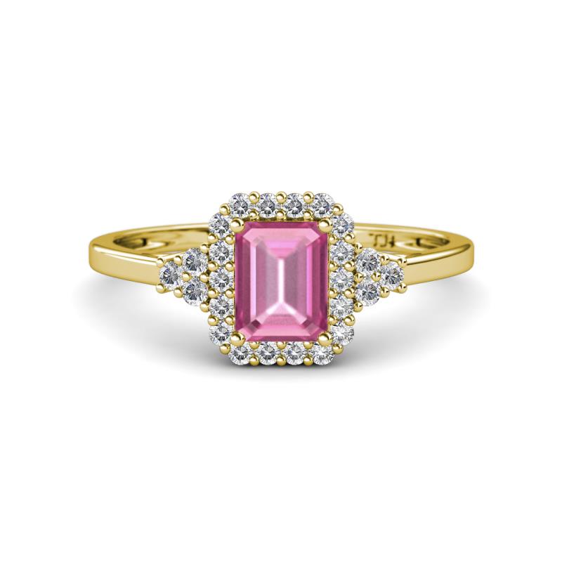 Josie Rainbow Emerald Cut Lab Created Pink Sapphire and Round Diamond Halo Engagement Ring 