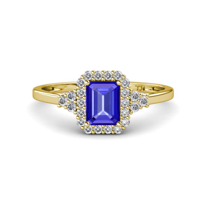 Josie Rainbow Emerald Cut Tanzanite and Round Diamond Halo Engagement Ring 