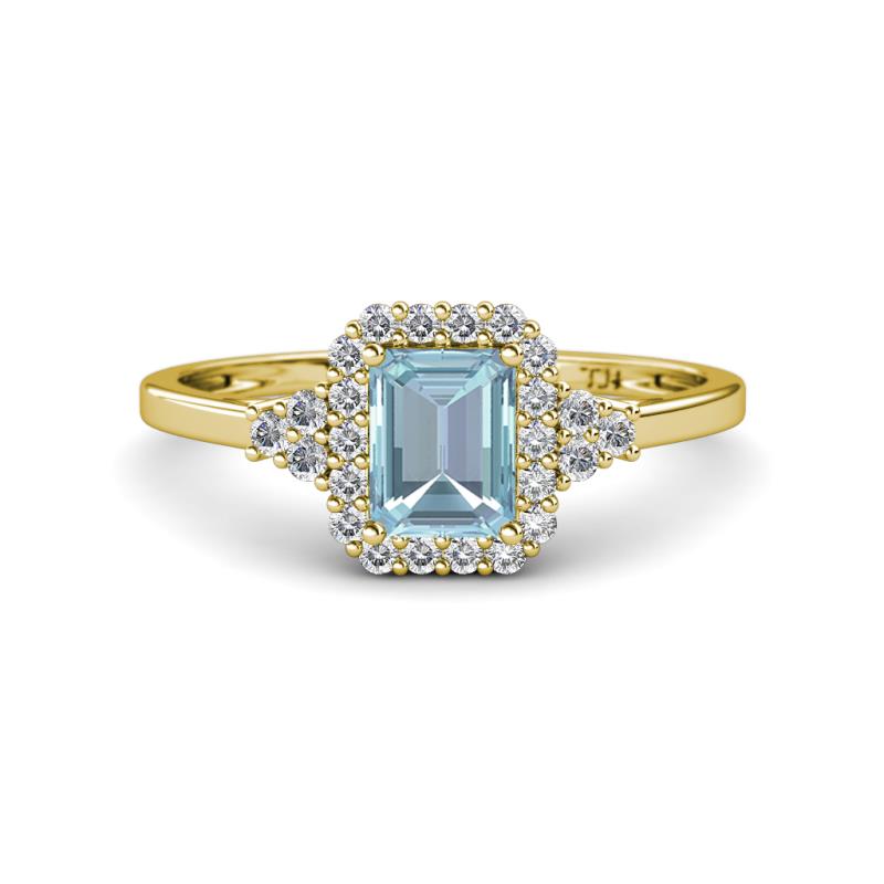 Josie Rainbow Emerald Cut Aquamarine and Round Diamond Halo Engagement Ring 